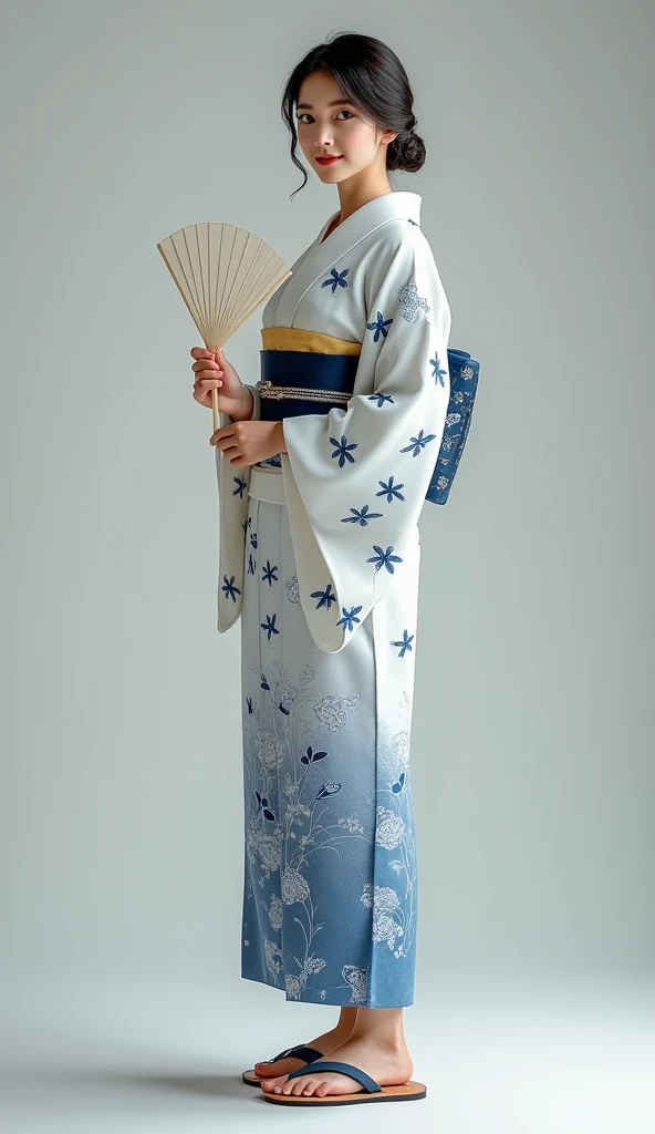 Realistic, theme is "Japanese Yukata", portrait of a beautiful Japanese woman, full body drawing, drawing a proper Japanese yukata, yukata with blue dragonflies on white fabric, obi color is dark blue, woman is wearing geta, holding a fan, woman is young and has beautiful skin, clear skin, long eyelashes, sparkling eyes, shy expression is innocent, background is a row of festival stalls at a shrine, sophisticated design, advanced lighting technology, live-action photo 8K quality