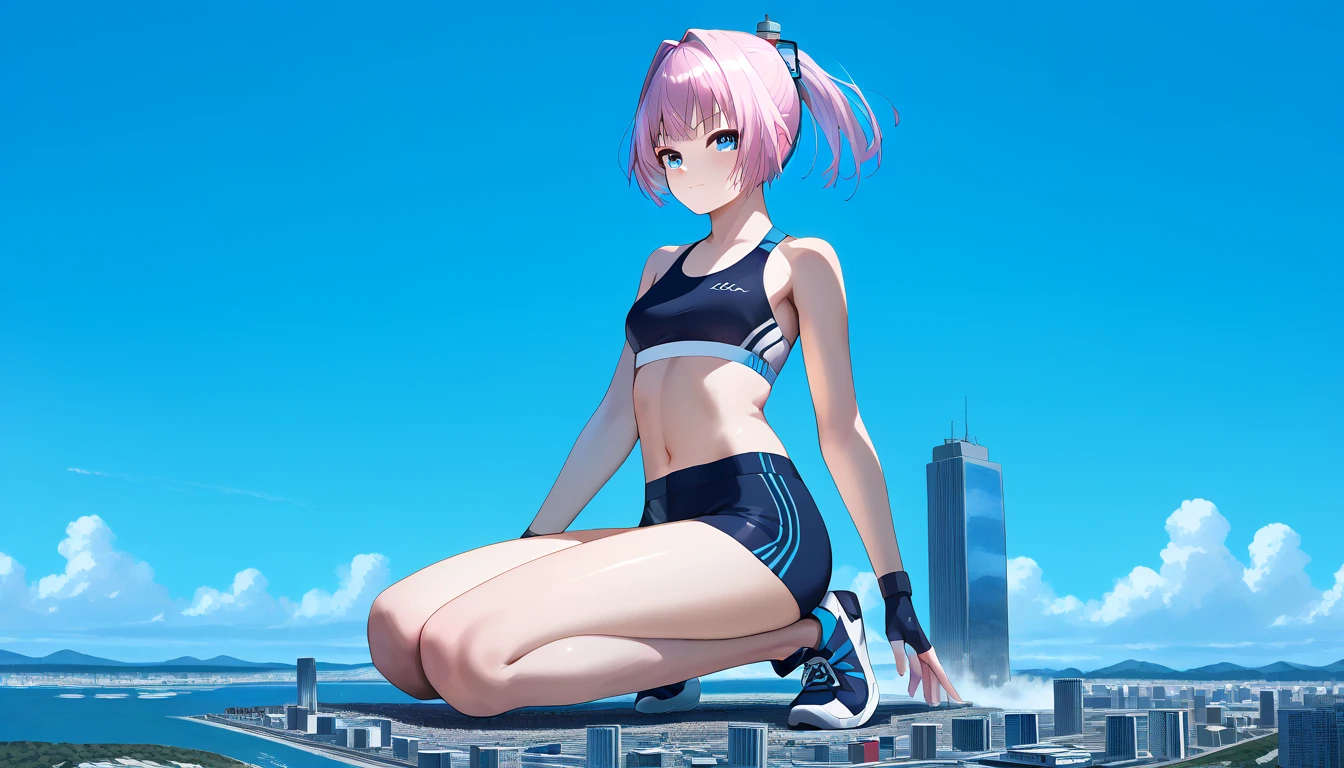 score_9, score_8_up, score_7_up, solo, 1 girl, (( best quality)), giantess, ( giga size:1.3), (((microcity), shiranui_kantaicollection, skyscraper, pinkhair, スパッツ, sportsbra, blueeyes, ponytail, navel, shoes, Exposed thighs,  detailed eyes on board