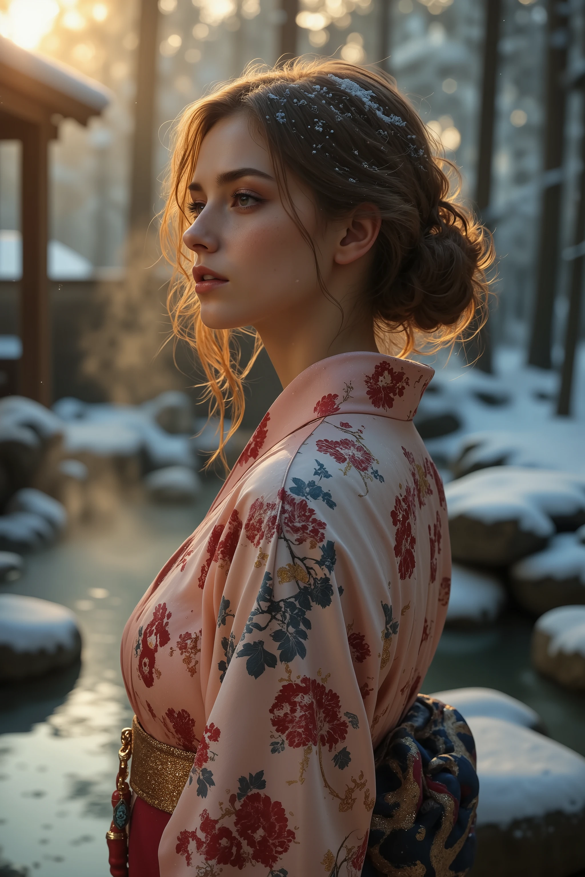 An award-winning 70s-style analog photograph of a beautiful Japanese woman standing gracefully near the edge of a steaming onsen during a tranquil Japanese winter. She wears an elegant yukata with intricate patterns of cherry blossoms, cranes, and waves in soft pink, deep red, and gold. Snowflakes gently fall around her, clinging to her flowing hair and the fabric of her yukata, while her serene expression reflects quiet contemplation.

The background features a traditional snow-covered onsen, surrounded by smooth stones and tall, snow-dusted pine trees. Rising mist from the steaming water contrasts with the cold, crisp air, as soft god rays filter through the branches, casting a warm golden light on the scene. The composition highlights her elegant form, the intricate details of her yukata, and the serene, ethereal beauty of a snowy Japanese winter onsen. The image has a distinct grainy 70s analog texture, lending a nostalgic and timeless quality.