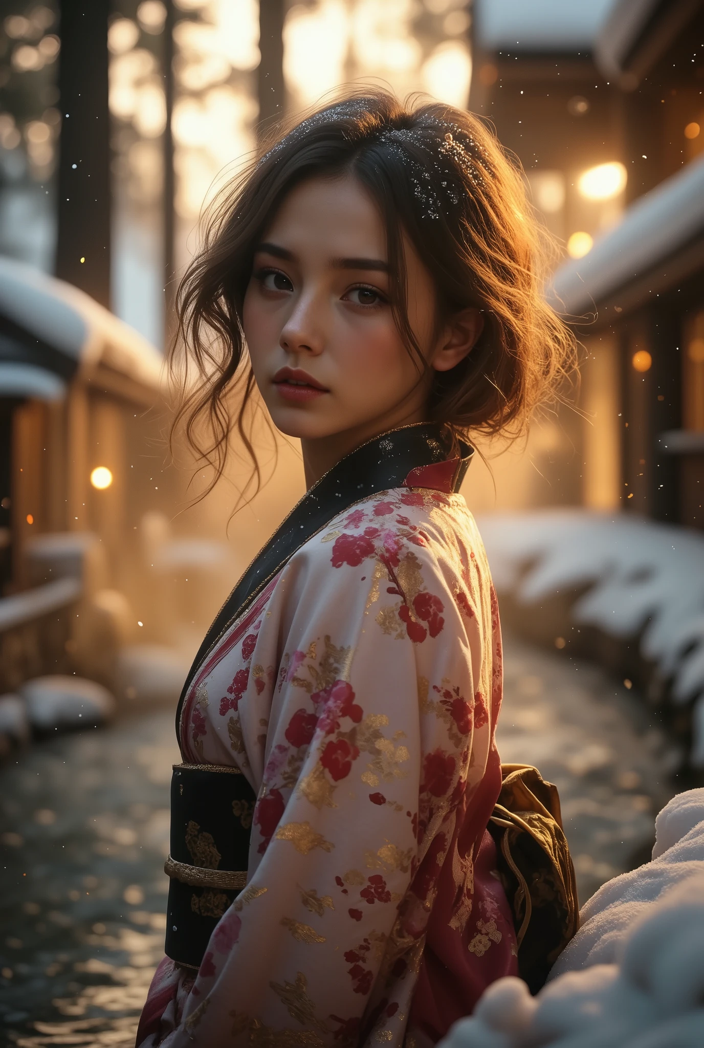 An award-winning 70s-style analog photograph of a beautiful Japanese woman standing gracefully near the edge of a steaming onsen during a tranquil Japanese winter. She wears an elegant yukata with intricate patterns of cherry blossoms, cranes, and waves in soft pink, deep red, and gold. Snowflakes gently fall around her, clinging to her flowing hair and the fabric of her yukata, while her serene expression reflects quiet contemplation.

The background features a traditional snow-covered onsen, surrounded by smooth stones and tall, snow-dusted pine trees. Rising mist from the steaming water contrasts with the cold, crisp air, as soft god rays filter through the branches, casting a warm golden light on the scene. The composition highlights her elegant form, the intricate details of her yukata, and the serene, ethereal beauty of a snowy Japanese winter onsen. The image has a distinct grainy 70s analog texture, lending a nostalgic and timeless quality.