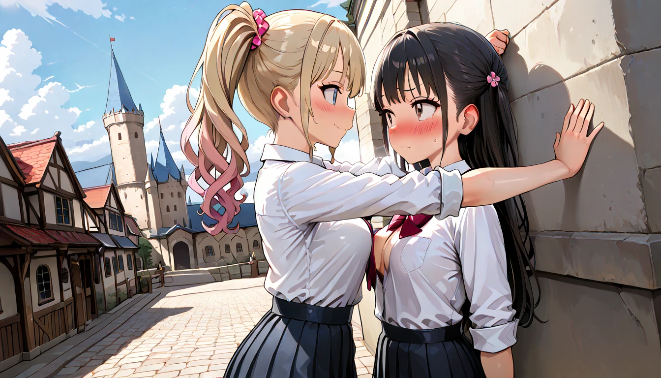 ((top quality)),((masterpiece)),((perfect face)),(ultra-detailed),ultra high res, 8k, 2girls,  knight, gyaru, yuri, against wall, kabedon, standing, castle, blush, outdoors, dynamic angle,  panoramic view,  anime style, exquisite, (very aesthetic:1.2), (absurdres:1.2), (detailed background),newest, perfect anatomy,