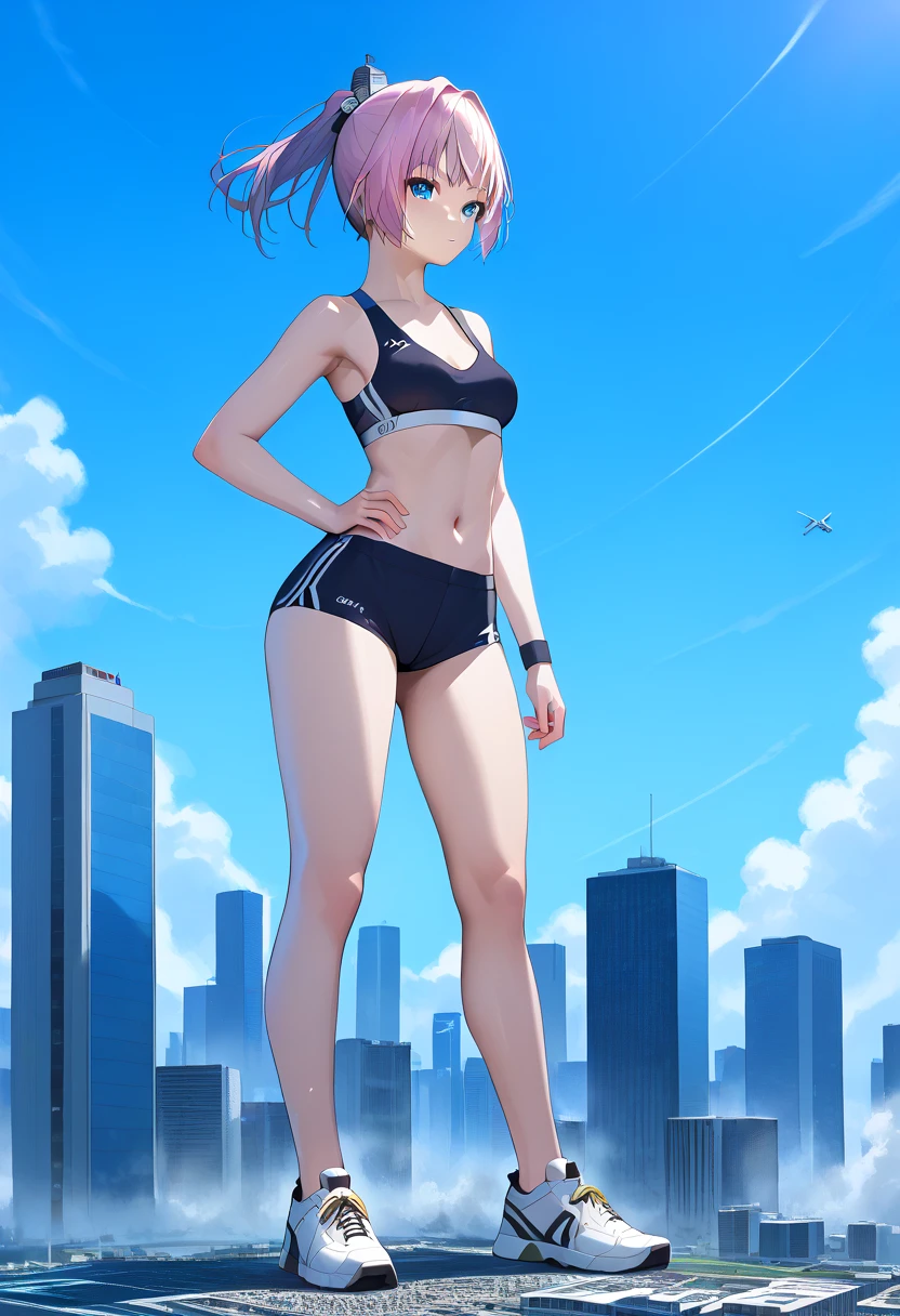 score_9, score_8_up, score_7_up, solo, 1 girl, (( best quality)), giantess, ( giga size:1.3), (((microcity), shiranui_kantaicollection, skyscraper, pinkhair, スパッツ, sportsbra, blueeyes, ponytail, navel, shoes, Exposed thighs,  detailed eyes on board