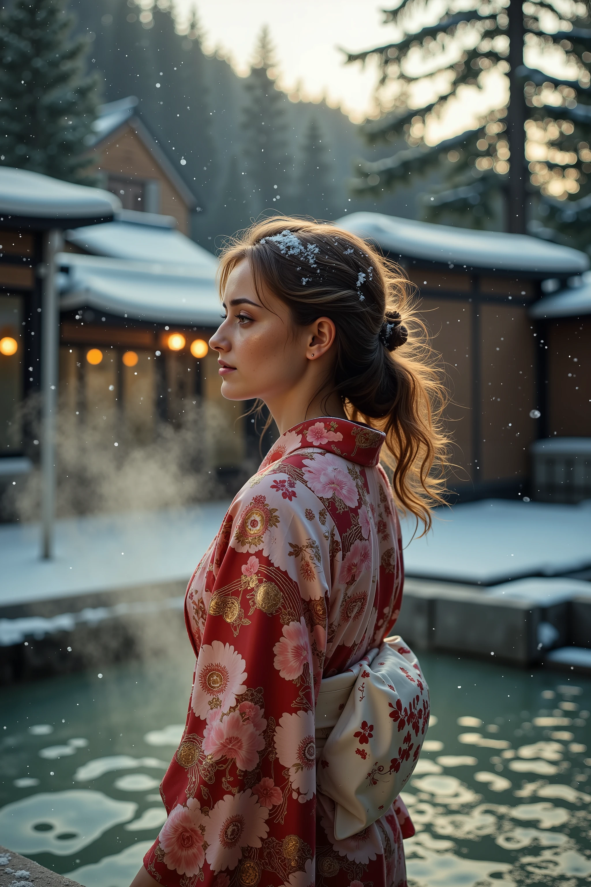 An award-winning 70s-style analog photograph of a beautiful Japanese woman standing gracefully near the edge of a steaming onsen during a tranquil Japanese winter. She wears an elegant yukata with intricate patterns of cherry blossoms, cranes, and waves in soft pink, deep red, and gold. Snowflakes gently fall around her, clinging to her flowing hair and the fabric of her yukata, while her serene expression reflects quiet contemplation.

The background features a traditional snow-covered onsen, surrounded by smooth stones and tall, snow-dusted pine trees. Rising mist from the steaming water contrasts with the cold, crisp air, as soft god rays filter through the branches, casting a warm golden light on the scene. The composition highlights her elegant form, the intricate details of her yukata, and the serene, ethereal beauty of a snowy Japanese winter onsen. The image has a distinct grainy 70s analog texture, lending a nostalgic and timeless quality.