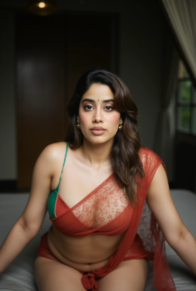 Realistic photo of Indian busty female aged 26 with average sized body and brownish skin tone.Realistic Showing huge breast in bedroom and showing her navel. No ornaments. Full size photo. Wearing see through red saree and blouse green .Realistic photo.