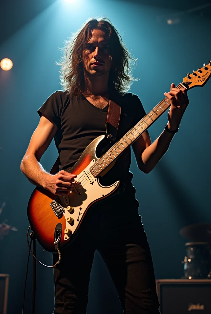 pria gondrong main gitar di panggung