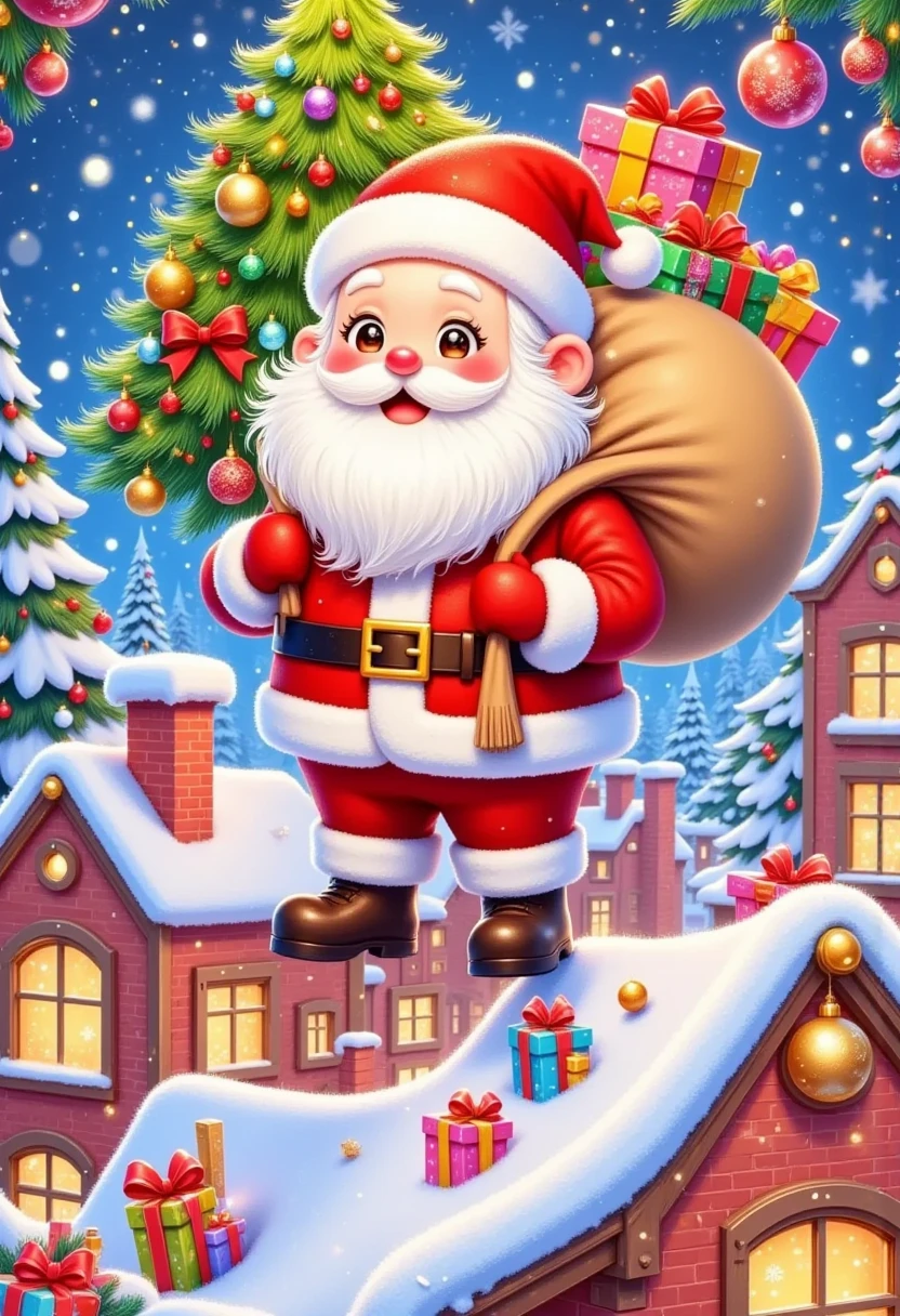 solid dopamine blocks， cute， creating a gorgeous festive atmosphere ， Christmas theme logo 。 The bell has etenquisite patterns 、 ten} golden buttons shining brightly ， he wears a red hat ， 标志是红色and绿色 。 red jacket on the body ， color choice gold or white ， Hat edge 。 Santa Claus carries a large bag full of gifts ， presents a 。 golden bells are scattered around the pattern ， a small Christmas tree stands ，full of three-dimensionality， Hat edge装饰有白色毛绒 。 has a prohibition sign ， the edges of the jacket are also decorated with white fur ， 红色代表激情and欢乐 、 带有闪亮的星星and发出柔and光芒的灯条 。 . tie colorful ribbons on the bag ， the bells have exquisite patterns ， 帽子上的毛绒and雪花 。 圣诞老人的服装and帽子都是红色的 ， the Christmas tree is green 。  gold as a supporting color  ，  for decorating bells  、 create a winter atmosphere ， pictures full of smiles 。at the same time， add white appropriately ，, like Santa Claus's beard 、 like a crisp sound ， on a transparent PET gift bag 。 "Merry Christmas"presented in artistic font ， the tree is hung with colorful balls ， and stands out 。 There are still around"World joy"and"地球and平"etc. small blessings， The tetent layout is in harmony with the elements of the picture ，, and it doesn't look too crowded ， and not too scattered 。 the overall design is simple and generous， avoids complicated patterns and etencessive colors ，以便 creating a gorgeous festive atmosphere 能够清晰地展现。 Detailed description ，, 如星星and丝带等元素 、 铃铛图案and圣诞树装饰的主色调 ，they are all detailed 。 this logo creates a happy and warm festive atmosphere ， 让人一看就感受到圣诞的欢乐and温暖 ，Mitened pattern ， tetent and emojis
