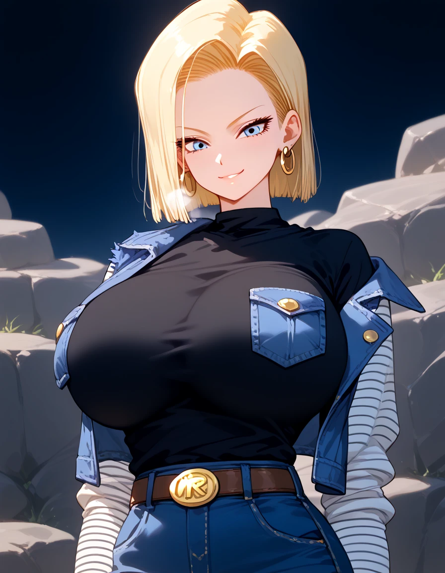  android 18, Blonde,  blue eyes,  eyelash ,  hoop earrings ,  short hair,  earrings
belt ,  BLACK LEG WEAR, black  shirt, breast pocket,  clevis on a stone, clavicle, denim, denim  skirt, high-waist  skirt, gem,  Long Sleeve , pocket,  shirt,  shirt tucked in,  skirt,  stripe ,  stripe  sleeves, Best, clevis on a stone,  Big Breasts , (Big Breasts:1.2),(moving body),Full Bust,とても巨大なBig Breasts,( beautifully shaped breasts:1.1) ,(Round Breasts),((slender)),(Curvy Hips) ,( slender body),(( perfect body)),
breathe, smirking , nose brush,( bust focus ),Random Situation