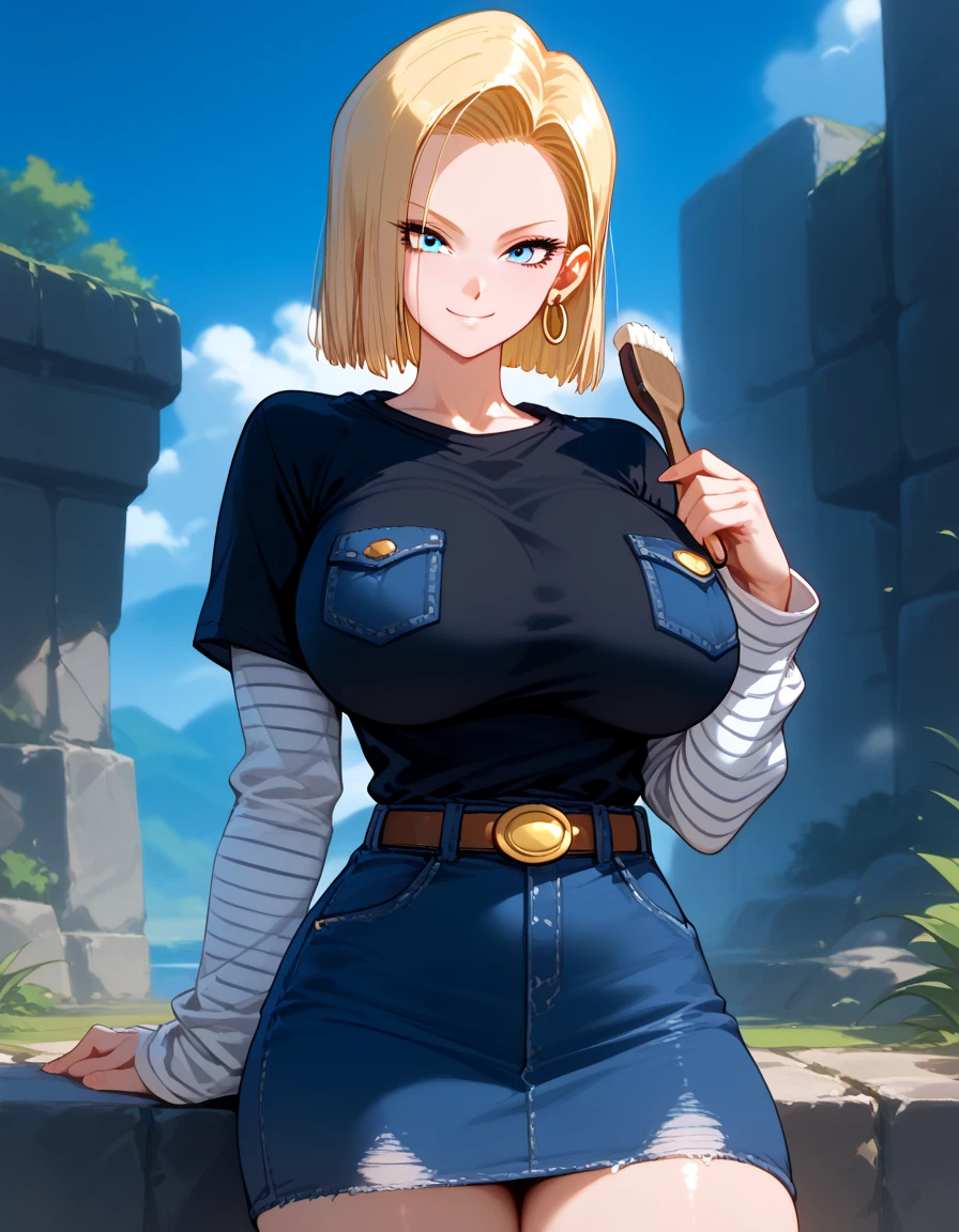  android 18, Blonde,  blue eyes,  eyelash ,  hoop earrings ,  short hair,  earrings
belt ,  BLACK LEG WEAR, black  shirt, breast pocket,  clevis on a stone, clavicle, denim, denim  skirt, high-waist  skirt, gem,  Long Sleeve , pocket,  shirt,  shirt tucked in,  skirt,  stripe ,  stripe  sleeves, Best, clevis on a stone,  Big Breasts , (Big Breasts:1.2),(moving body),Full Bust,とても巨大なBig Breasts,( beautifully shaped breasts:1.1) ,(Round Breasts),((slender)),(Curvy Hips) ,( slender body),(( perfect body)),
breathe, smirking , nose brush,( bust focus ),Random Situation