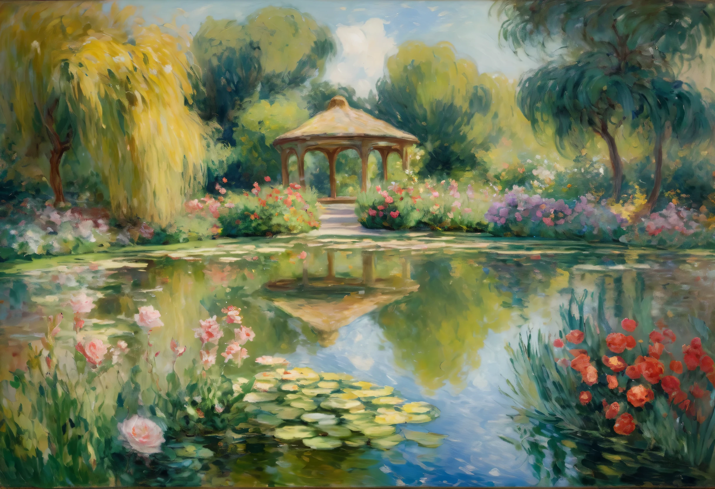 painting of a garden with a pond and flowers in the foreground, impressionist painting by blanche hochede monet, tumbler, impressionism, garden pond scene, painting in the style of renoir, hernan bas, colin campbell cooper speed art, 1 9 2 7 oil on canvas, french impressionism, pond scene, oil on canvas (1921)”