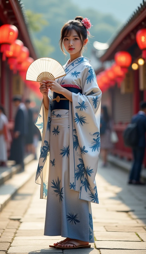 Realistic, theme is "Japanese Yukata", portrait of a beautiful Japanese woman, full body drawing, drawing a proper Japanese yukata, yukata with blue dragonflies on white fabric, obi color is dark blue, woman is wearing geta, holding a fan, woman is young and has beautiful skin, clear skin, long eyelashes, sparkling eyes, shy expression is innocent, background is a row of festival stalls at a shrine, sophisticated design, advanced lighting technology, live-action photo 8K quality