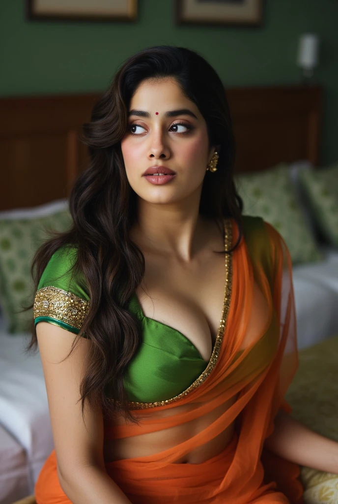 Realistic photo of Indian busty female aged 26 with average sized body and brownish skin tone.Realistic Showing huge breast in bedroom and showing her navel. No ornaments. Full size photo. Wearing see through red saree and blouse green .Realistic photo.