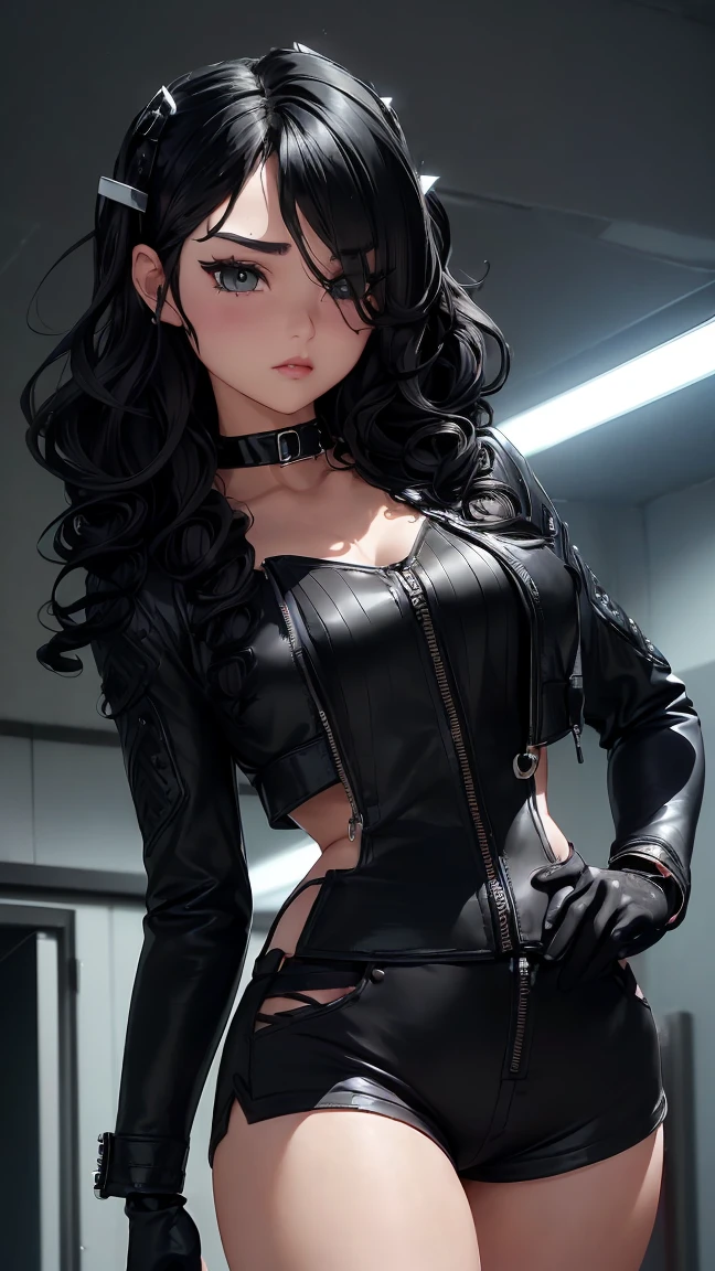 High resolution, woman , good lighting, despicable, , (No nudity), (((loose jeans micro shorts))), ((tight leather top)), (((leather thigh high boots))), (garter belt), abdomen only, (wet shorts), , cute face, I'Iは恥ずかしくて赤面します, humiliating, ((spread your legs)), ((wet state))