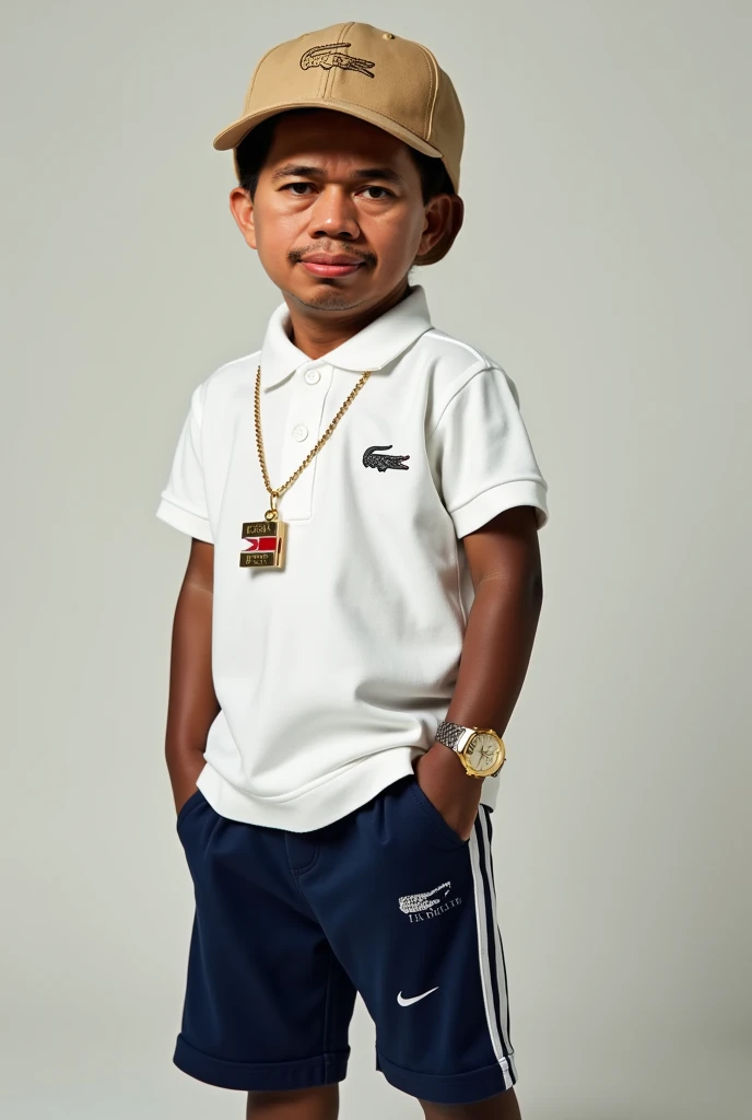 Make a baby boy with a Lacoste shirt, bermuda da Nike, Gucci cap, gold cord with red flag, Invicta gold watch, repeat this image and add a hand making number 2