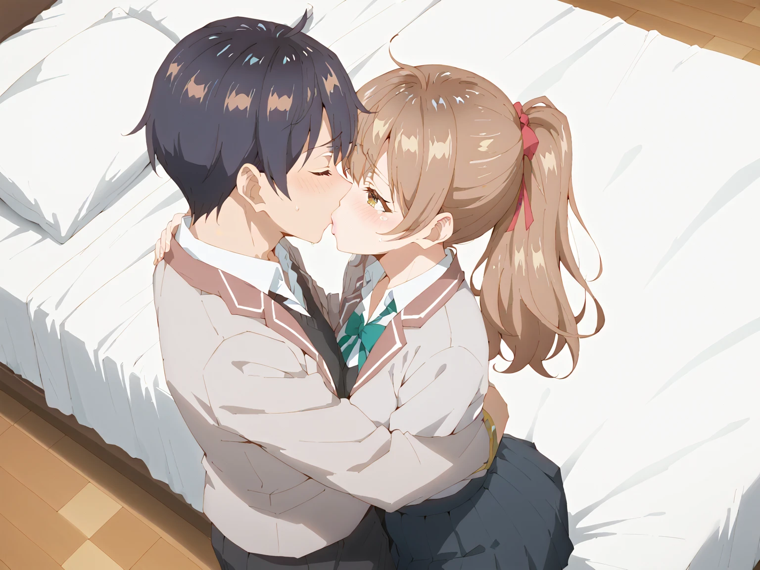 nsfw,sex with one man,creampie,downblouse,one woman,school uniform,wariza,hug,whole body,plump body,gleaming skin,cute face,beautiful face,embarrassed,crying,flushed cheeks,closed eyes,ponytail,from above,from side,on the bed,ribbon,illustration style,anime style,high quality,illustration,masterpiece,grainy,highly detailed,kiss,stylish