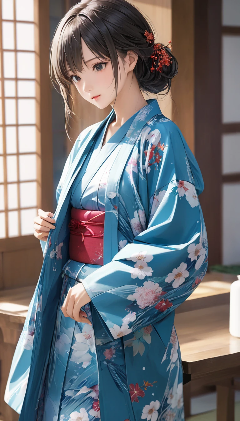 Elegant Japanese style kimono Beautiful charming girl wearing and wind yukata Beautiful charming girl,  Close-up of Girl Wearing and Windbreaker ,  Movie scene , Perfect Composition Relaxing , High Resolution Detail , top quality ,  Precise anatomy (  Correct and Perfect Anatomy  )  Super Detail Animation Art and Visual Effects Master &#39;s Artwork Station ,  Conceptual Artwork anatomy correct detailed sharp focus illustration, 藝術作品