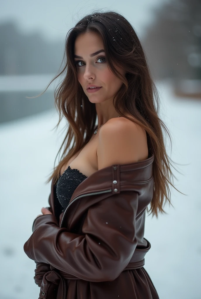 European woman aged 30, brunette, ultra-realistic, natural light, dark eyes, slim body,winter wear in the mountains