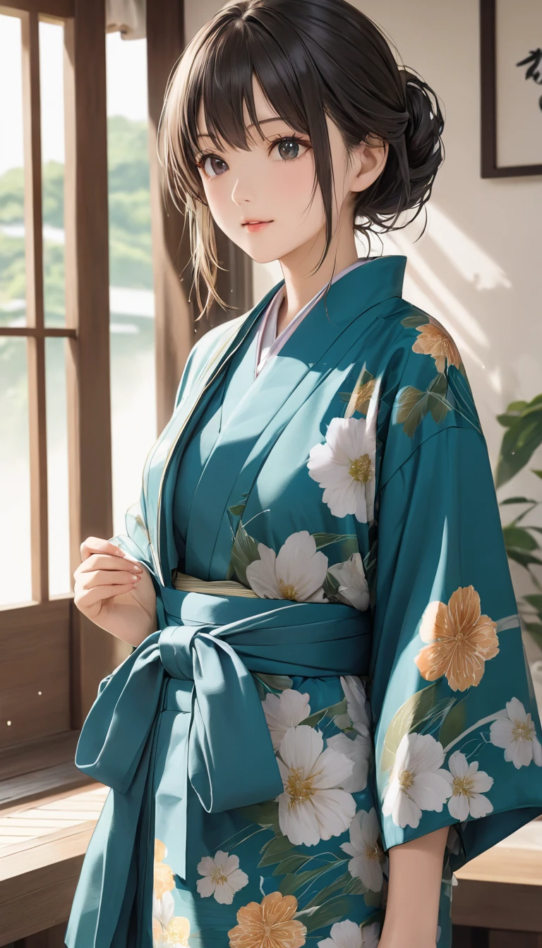 Elegant Japanese style kimono Beautiful charming girl wearing and wind yukata Beautiful charming girl,  Close-up of Girl Wearing and Windbreaker ,  Movie scene , Perfect Composition Relaxing , High Resolution Detail , top quality ,  Precise anatomy (  Correct and Perfect Anatomy  )  Super Detail Animation Art and Visual Effects Master &#39;s Artwork Station ,  Conceptual Artwork anatomy correct detailed sharp focus illustration, 藝術作品