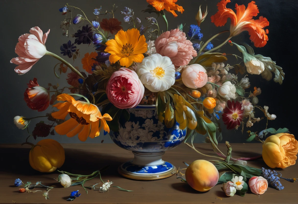 a close up of a painting of flowers in a vase on a table, Willem van Aelst, Unsplash, Baroque, Jan Davidszoon de Heem, flemish Baroque, Jan Brueghel, Jan Davidszoon de Heem, still life with flowers, flowers. Baroque elements, bed of flowers on floor, Dutch Masters