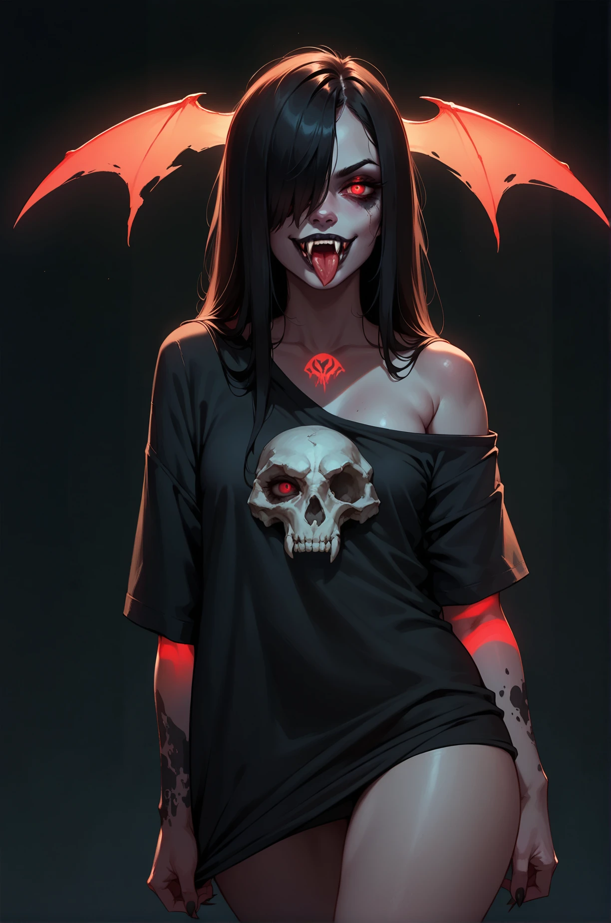 score_9, score_8_up, score_7_up, cartoon of a vampire girl, solo, sexy, slutty, fangs, red eyes, black hair, straight hair, hair over one eye, black oversized tshirt, small breast, thighs, sticking out her tongue, standing, moody, skull, glowing red, dark background, grunge background