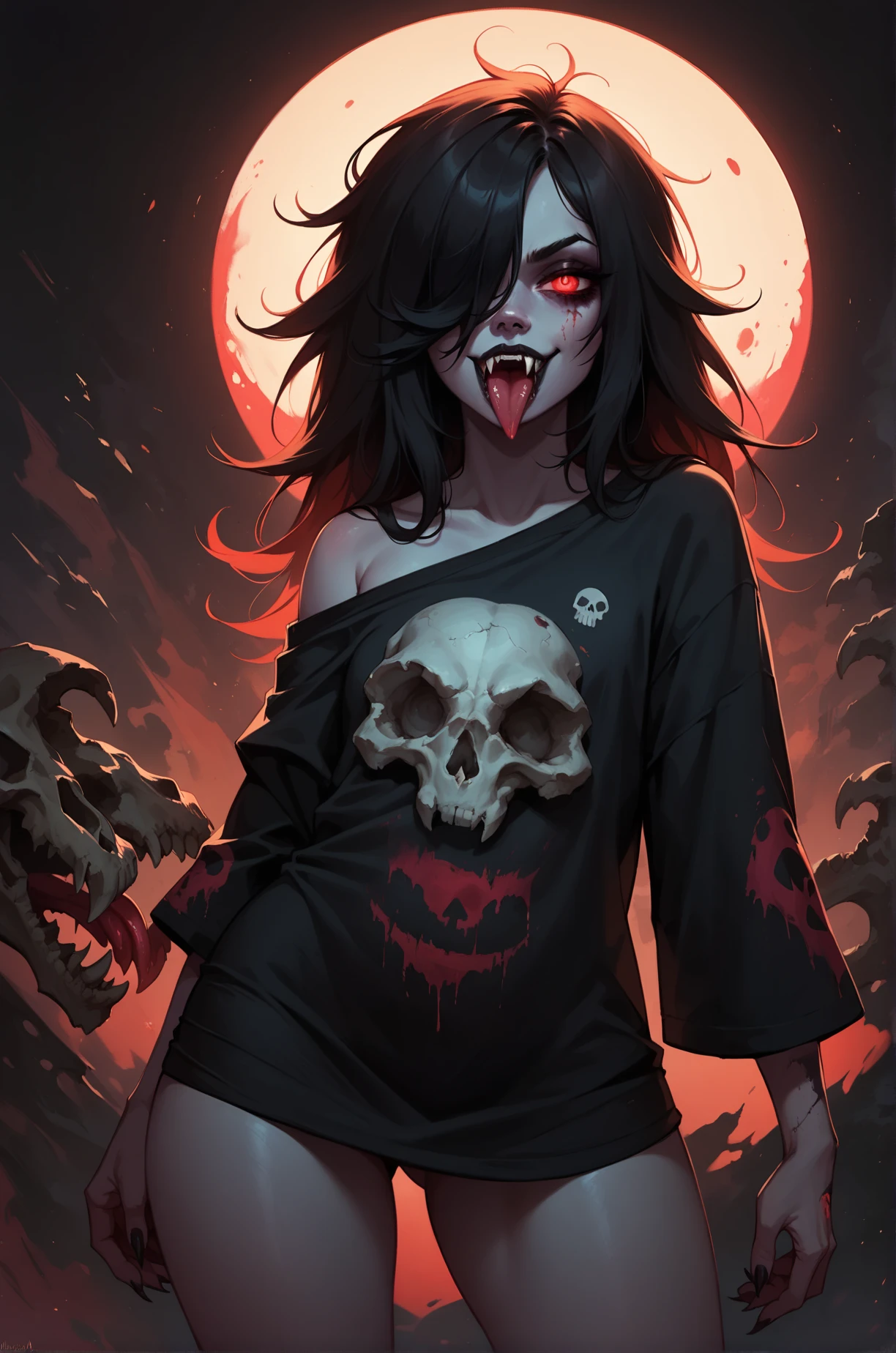 score_9, score_8_up, score_7_up, cartoon of a vampire girl, solo, sexy, slutty, fangs, red eyes, black hair, straight hair, hair over one eye, black oversized tshirt, small breast, thighs, sticking out her tongue, standing, moody, skull, glowing red, dark background, grunge background