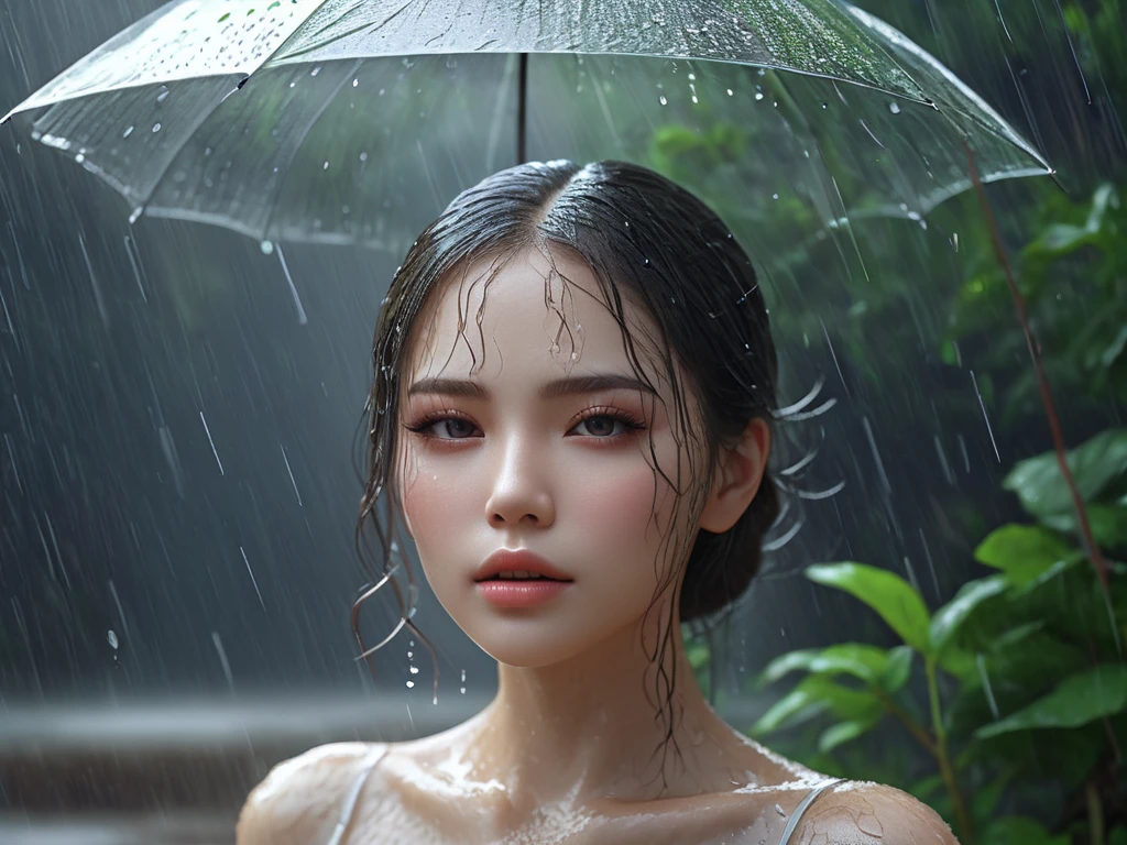 Landscape view, Full body shot of A young and extremely beautiful woman was playing rain , heavy rain、Pouring rain、motion blur effect , Beautiful detailed eyes、Beautiful detailed lips、Highly detailed eyes and face、Long eyelashesraindrop、Cloudy、Long Shot、Moody lighting、atmosphere、Natural Tone、Cinematic、8K、high quality、masterpiece、Photorealistic