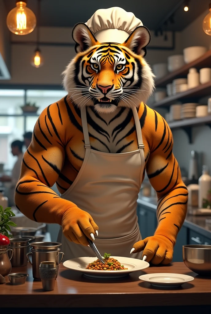 Bill is a tiger who has a well-built body, he wearing a white underwear, he invades a kitchen, raid the fridge, eating burgers at fridge, anthro tiger, male, adult, white fur, buffed body, sexy, beefy body, furred body, beautiful, furry chest hair, realistic, full body, photorealistic, ultra realistic, 8k, night, bare-chested, tail, sexy butt, fluffy butt, in back turned posing 