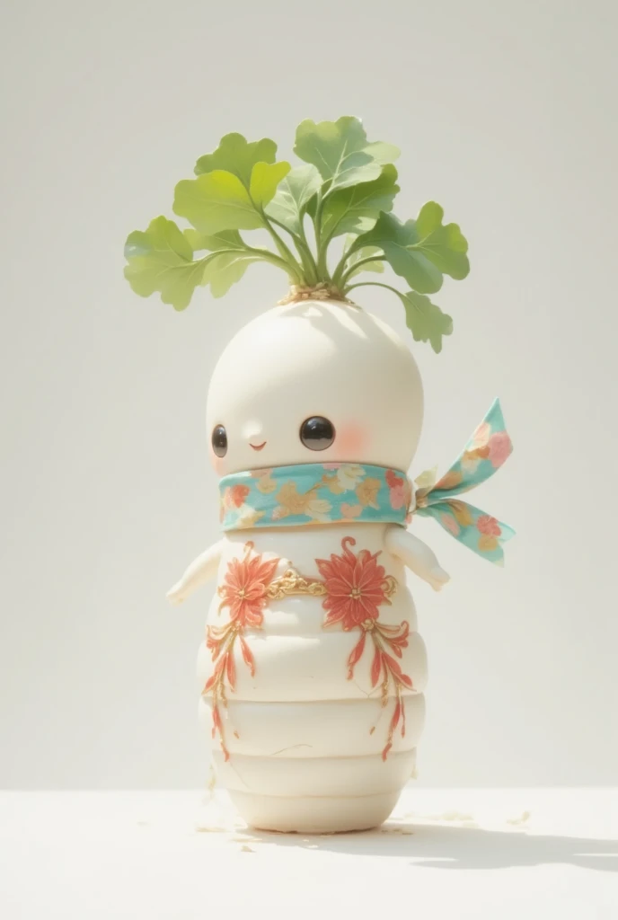 Ceramic, cute white snake ornament with red and gold decoration on the body, holding a colorful Japanese kimono-patterned ribbon around the neck, isolated on a solid background, with white space at the top of the picture, white background, in a clipart style, 3D rendering, with simple details, no shadow, high resolution, high quality, high detail, super detailed, high definition, sharp focus, sharp lines, sharp textures, and sharp edges.