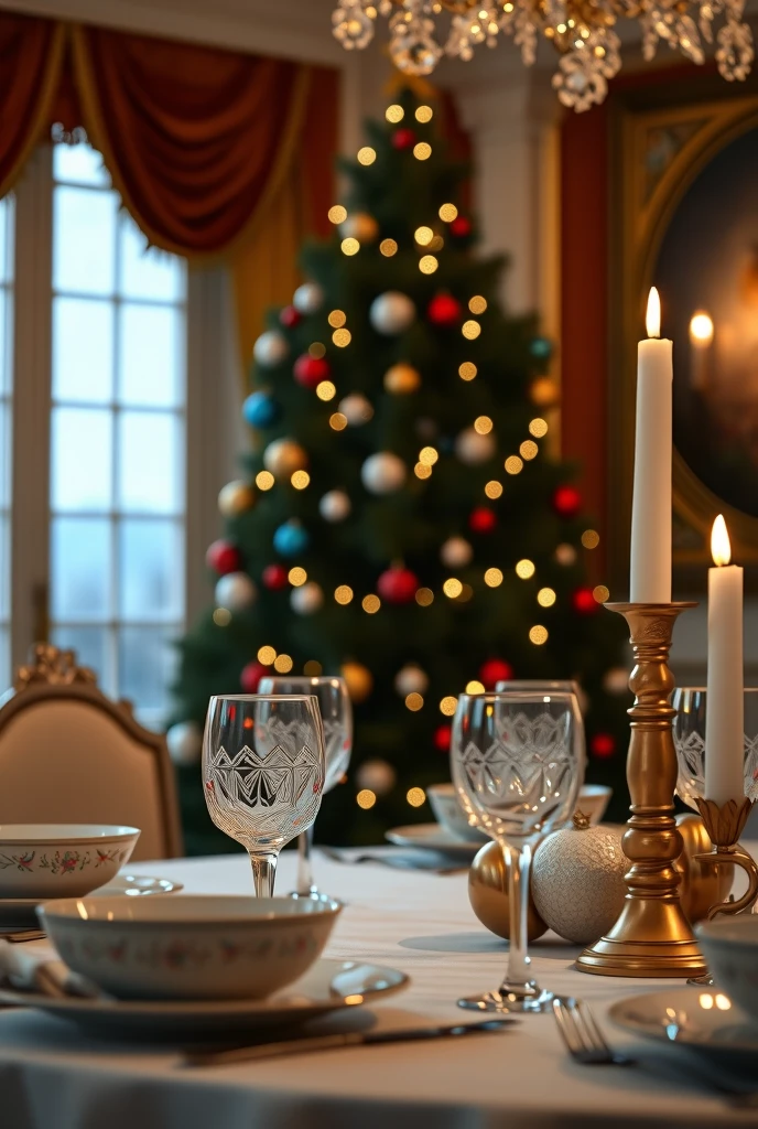 An old-world Christmas table set for a festive feast, with intricate porcelain dinnerware, embroidered napkins, and golden candelabras reflecting the warm light of a richly decorated tree in the background, captured in super-detailed 8k clarity.