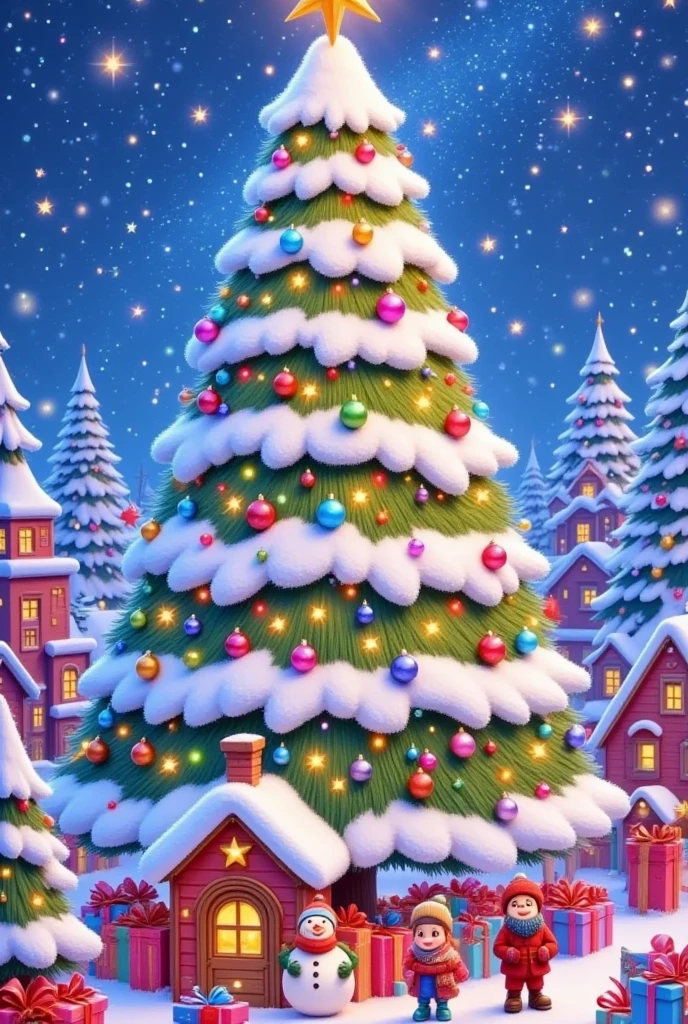  towering Christmas tree , Covered with snow, shining lights , Surrounded by clouds. The background is a boundless starry sky.  people standing around the Christmas tree , Smiling happily，Create a festive atmosphere.  This is a cartoon-style ,  Animated Illustration ，Warm colors,  High Resolution, high detail,  Bright Colors , Wide-angle lens,  soft side lighting , and rich details, Includes people's  .using natural light and Wide-angle lens, Soft tones， quiet atmosphere . Animation Style,  It uses bright colors ,  Hayao Miyazaki style vector style , High Resolution,  height details , 