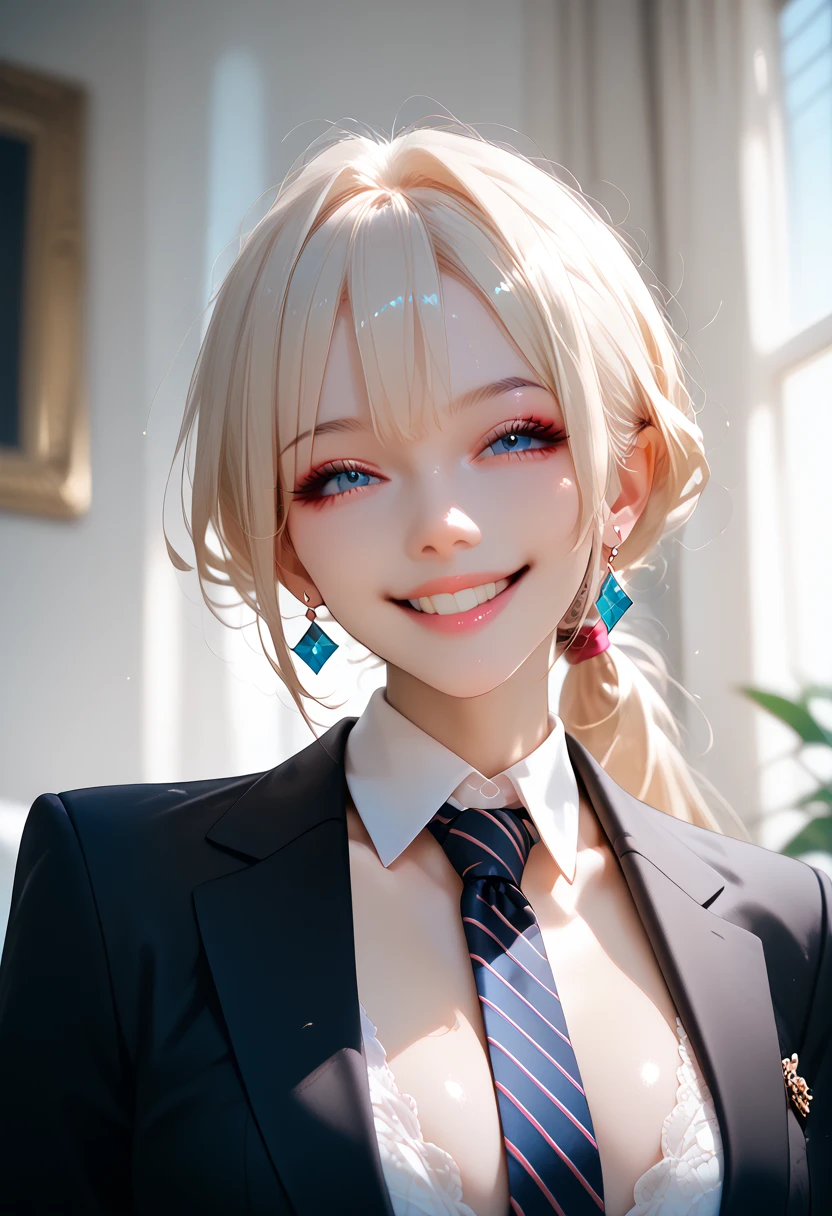 
Sexy woman in black suit　tie　,smiling sweetly