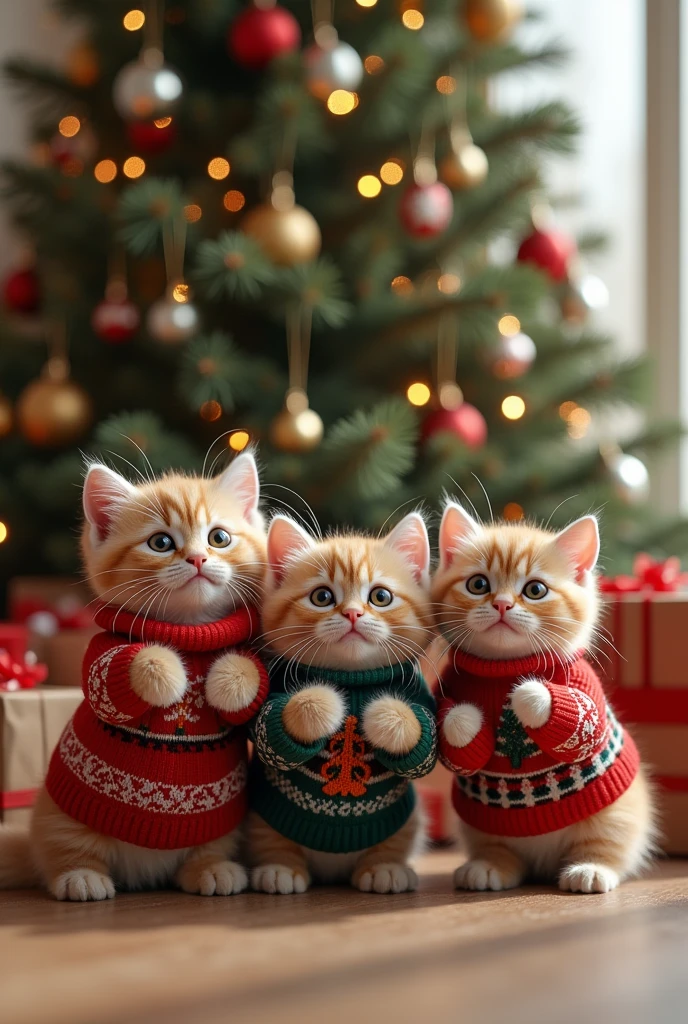 ((masterpiece, highest quality, Highest image quality, High resolution, photorealistic, Raw photo, Extremely detailed CG unified 8k wallpaper)), Sweater-clad kittens appeal to the camera, “Eat salmon for Christmas!” and in the background, a Christmas tree decorated with ornaments and boxes of presents,