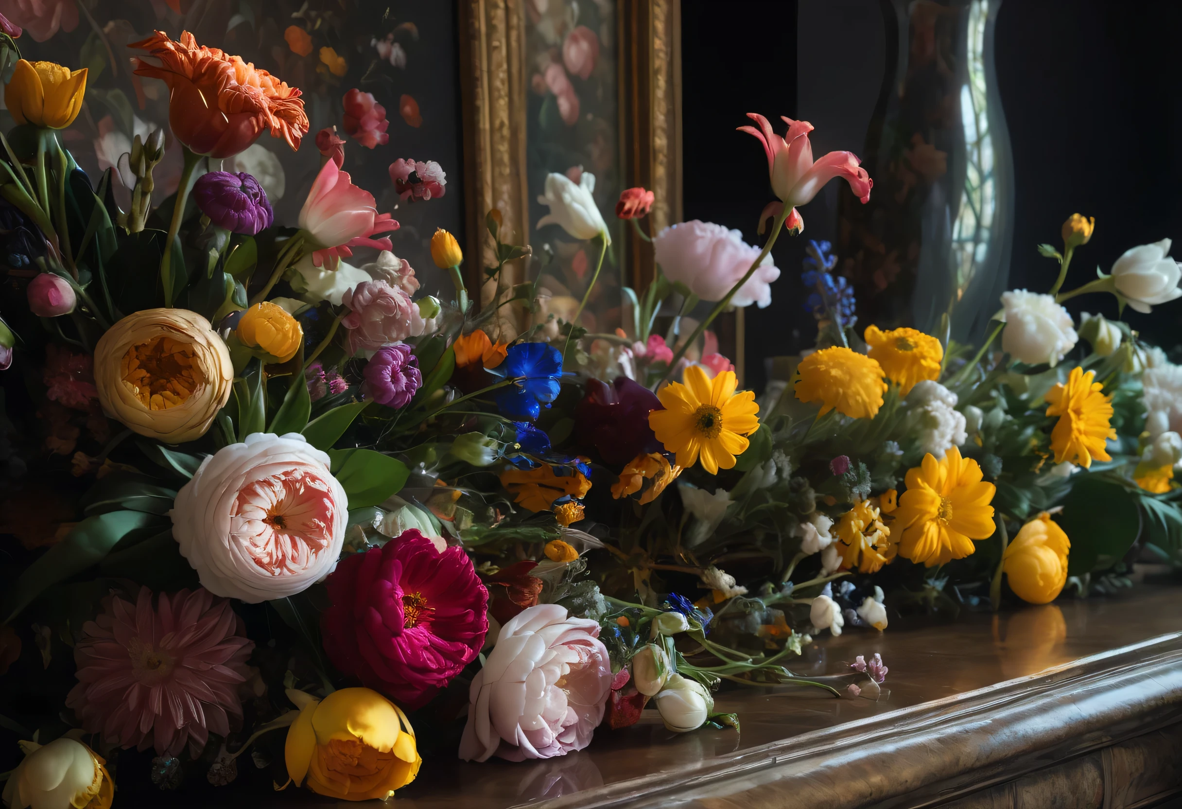 a close up of a painting of flowers in a vase on a table, Willem van Aelst, Unsplash, Baroque, Jan Davidszoon de Heem, flemish Baroque, Jan Brueghel, Jan Davidszoon de Heem, still life with flowers, flowers. Baroque elements, bed of flowers on floor, Dutch Masters