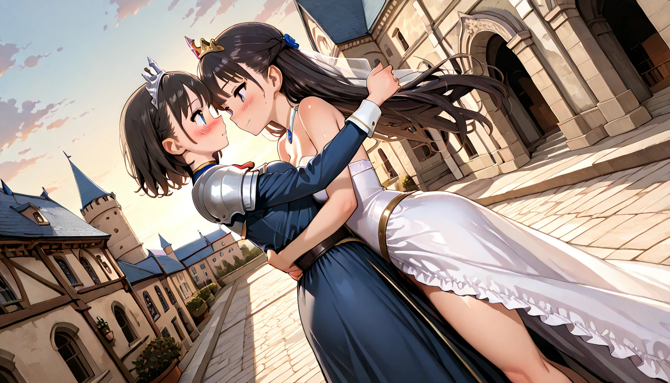 ((top quality)),((masterpiece)),((perfect face)),(ultra-detailed),ultra high res, 8k, 2girls,  female knight, princess, yuri, waltz dancing, castle, blush, outdoors, dynamic angle,  panoramic view,  anime style, exquisite, (very aesthetic:1.2), (absurdres:1.2), (detailed background),newest, perfect anatomy,