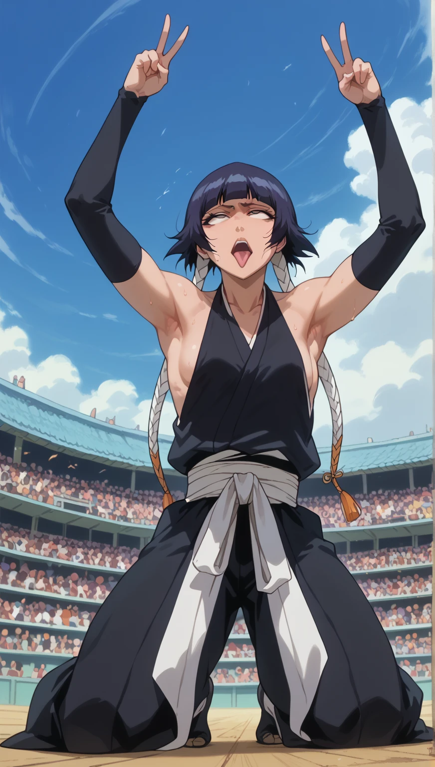 whole body、、     sweated、   、close-up、、、Soi Fon、 、Bleach、Bleach、Black Hair, 1girl, breasts, soifon, japanese clothes, sideboob, hip vent, detached sleeves, bare shoulders, small breasts, arms up,seductive eyes, sexy body, prefect body, open mouth, more sweat, Rolling eyes, white eyeballs,For the audience, Looking at the audience, tired, From below, (muscle :1.2) , kneeling, (small breasts) . 