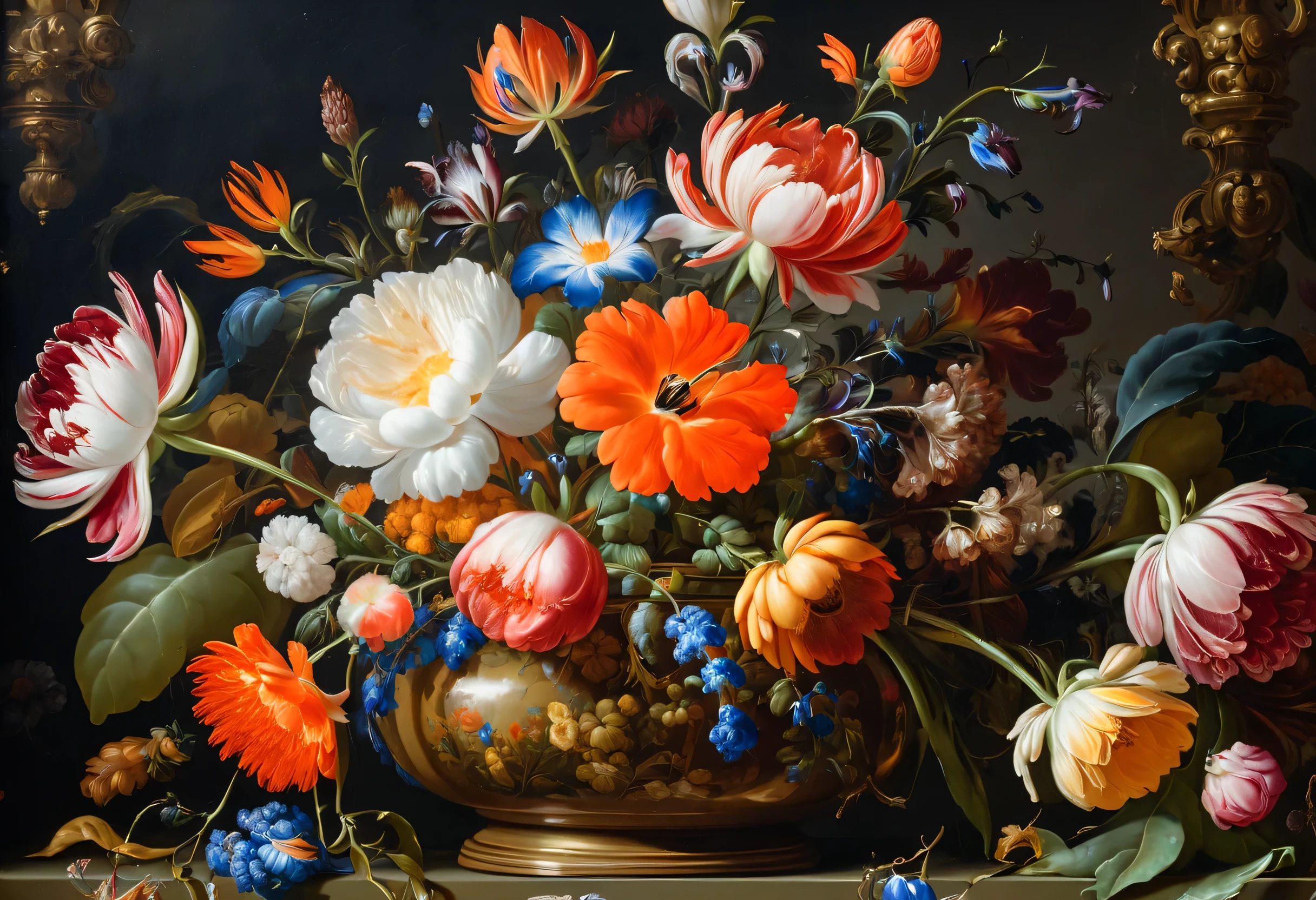 close-up of a painting of flowers in a vase on a table, inspired by Willem van Aelst, inspired by Cornelius de Heem, inspired by Willem van Goysam, Jan Davidszoon de Heem, Flemish Baroque, Willem van Goysam, Jan Brueghel, Jan Davidsz de Heem, by Willem van Aelst