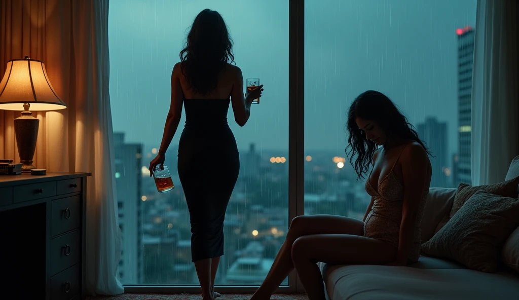 Roofless balcony with plants, View of the metropolis from above, peaceful atmosphere, A little dark in the sky Young skinny brunette shirtless woman swinging on velular, With coffee on the table, Dog sitting on the ground and enjoying the view, photo realism,