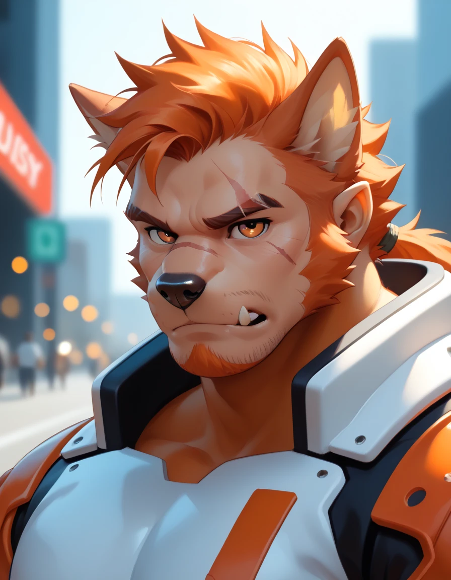 human nature,  Wildlife , male,36 years old，uncle， , ((Round Face,  full face , orange eyes , has thick orange hair，Scars)), ((Endocrine,  Handsome，Hot Blood)), （ mech suit ， no electricity ，exhausted), ((Domestic wolf, Wolf Orc，)  furry fur,  furry), Bokeh, ( high quality ,  High Resolution, masterpiece), (Dynamic Lighting, vibrant colors), (Revitalization，harm，Cities that despise ),  full-body photo  (close up), Cartoon, author：Takemoto Arashi, From Zixiang , author：Chunni, author：Ethereal，（background：Rainforest）