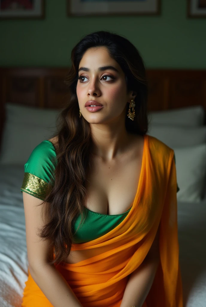 Realistic photo of Indian busty female aged 26 with average sized body and brownish skin tone.Realistic Showing huge breast in bedroom and showing her navel. No ornaments. Full size photo. Wearing see through red saree and blouse green .Realistic photo.