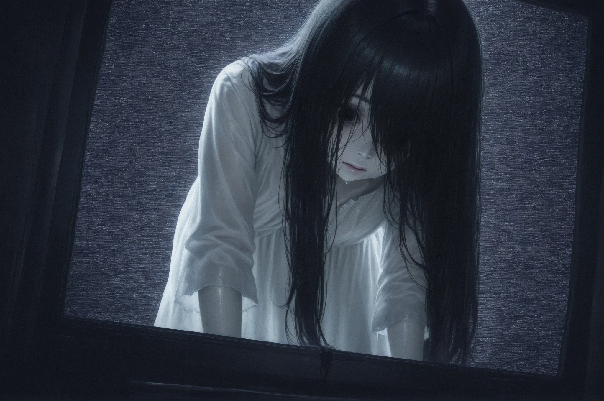 solo,sadako yamamura\(\(the onryo\),long black hair,faceless,hair over face,dirty white dress with sleeves,front face, hair over eyes, black hair, long hair, pale skin, white dress, wet clothes,cute,sexy,leaning to front,(show 1eye:1.4),looking down,pale skin,hand toward viewer,inside the TV-monitor\(noisy grain\) at the very dark room\), horror\(theme,mood\),. BREAK .quality\(8k,wallpaper of extremely detailed CG unit, high resolution, top-quality, top-quality real texture skin, hyper realistic, increase the resolution, RAW photos, best quality, highly detailed, the wallpaper, golden ratio, high saturation realism, vibrant colors, dramatic lighting, persuasive storytelling, atmospheric scenery, captivating visuals, intricate details, strong emotions, dreamlike world\),dynamic angle,dutch angle,