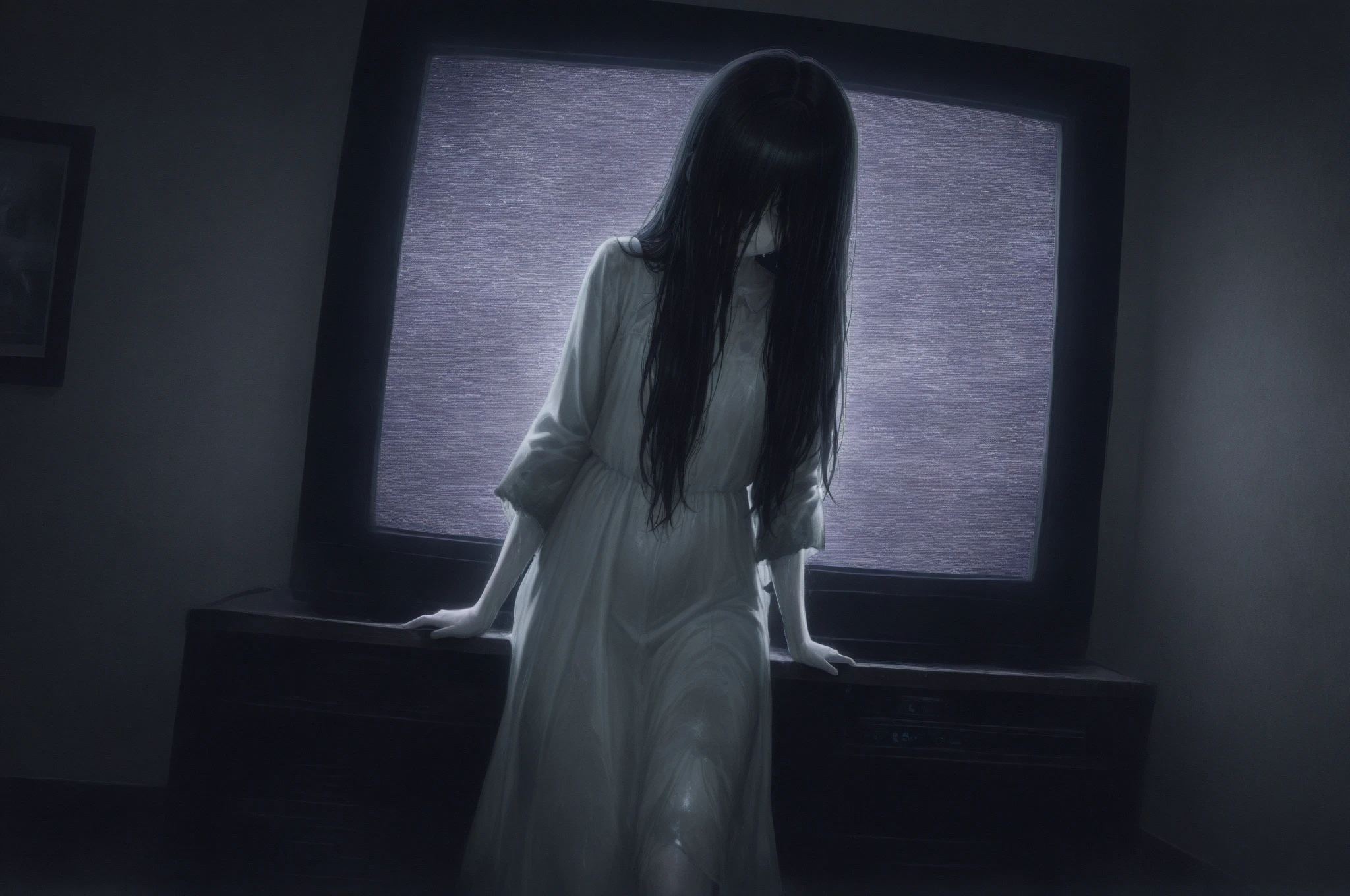 solo,sadako yamamura\(\(the onryo\),long black hair,faceless,hair over face,dirty white dress with sleeves,front face, hair over eyes, black hair, long hair, pale skin, white dress, wet clothes,cute,sexy,leaning to front,(show 1eye:1.4),looking down,pale skin,hand toward viewer,inside the TV-monitor\(noisy grain\) at the very dark room\), horror\(theme,mood\),. BREAK .quality\(8k,wallpaper of extremely detailed CG unit, high resolution, top-quality, top-quality real texture skin, hyper realistic, increase the resolution, RAW photos, best quality, highly detailed, the wallpaper, golden ratio, high saturation realism, vibrant colors, dramatic lighting, persuasive storytelling, atmospheric scenery, captivating visuals, intricate details, strong emotions, dreamlike world\),dynamic angle,dutch angle,