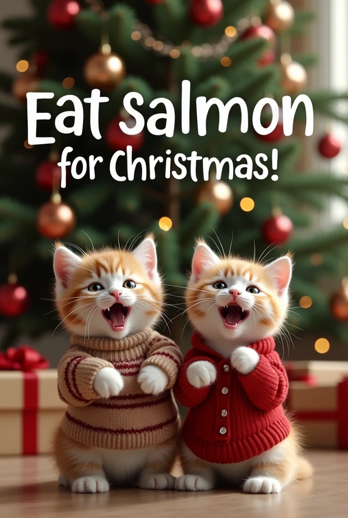 ((masterpiece, highest quality, Highest image quality, High resolution, photorealistic, Raw photo, Extremely detailed CG unified 8k wallpaper)), Kittens in sweaters are shouting at the camera, and at the top of the screen is a large “Eat Salmon for Christmas!” and in the background is a Christmas tree decorated with ornaments and a box of presents,