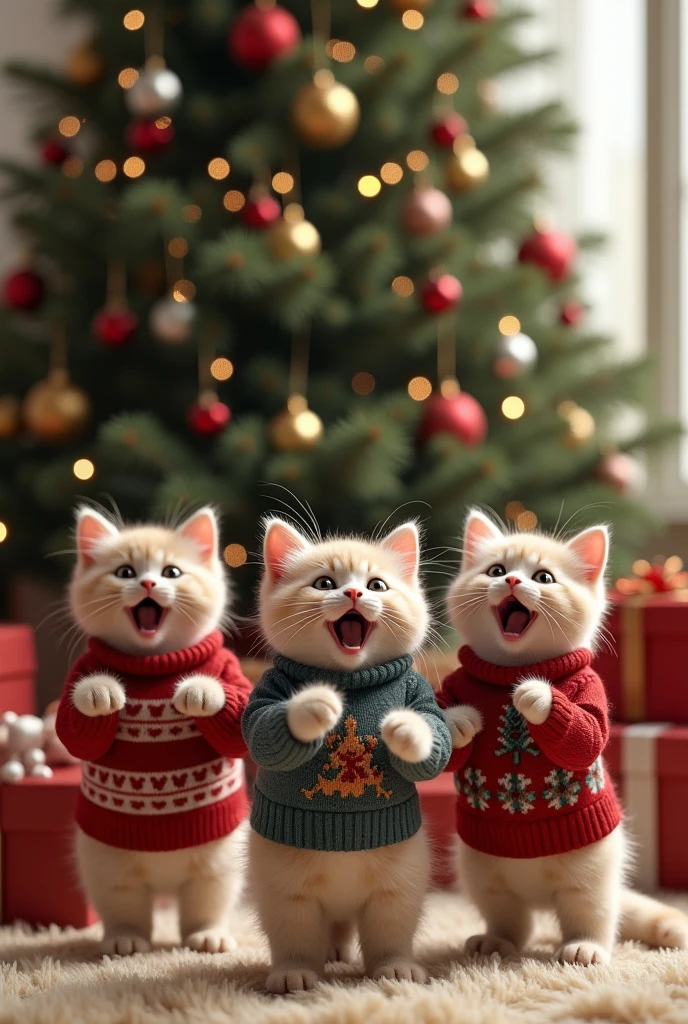 ((masterpiece, highest quality, Highest image quality, High resolution, photorealistic, Raw photo, Extremely detailed CG unified 8k wallpaper)), Kittens in sweaters are shouting at the camera, and at the top of the screen is a large “Eat Salmon for Christmas!” and in the background is a Christmas tree decorated with ornaments and a box of presents,