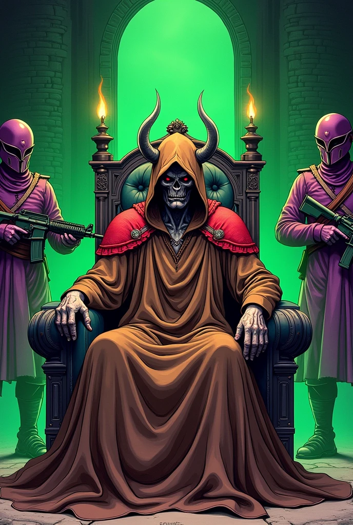 texturas,calligraphic line art , a villain demon who wears a brown robe with red shoulder pads and a hood put on his head who is seated on a throne inside a castle with green torches and two guards who wear purple-red clothes and who have purple-red helmets that are with assault rifles in their hands
, ink color style ,anime, intricate details , sharp focus, high resolution