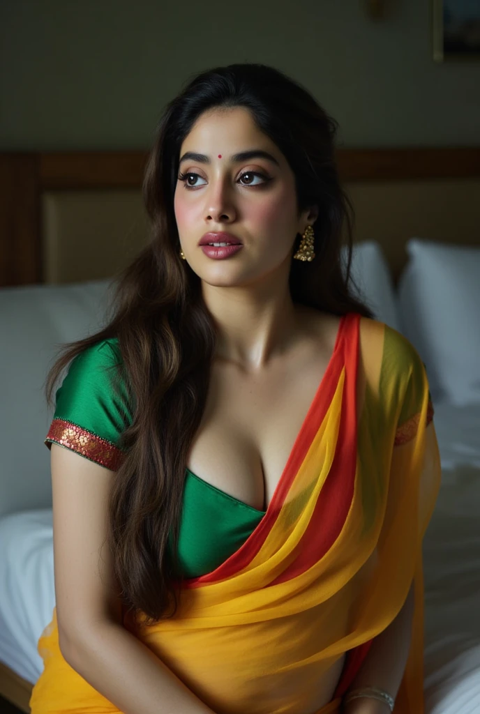 Realistic photo of Indian busty female aged 26 with average sized body and brownish skin tone.Realistic Showing huge breast in bedroom and showing her navel. No ornaments. Full size photo. Wearing see through red saree and blouse green .Realistic photo.