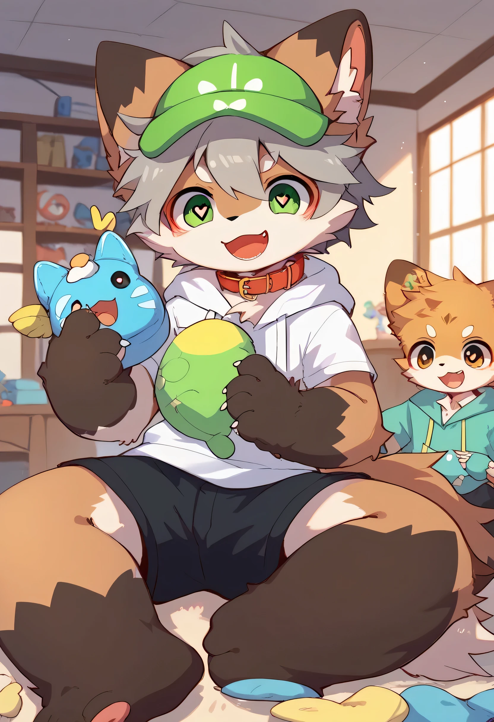   very detailedな,  very detailed,  brown fur gray hair  ,Brown Hair,,male,骨 を見て excited,Heart Eye,participate, green、white、And a multicolored hat ,  cute face, sitting！,Red collar,Black Ear ,  like fluffy fur, excited,Horny boy,美しいroom, room ,smile,Dropped ears,  play with toys !  my mental age   ,want,  black shorts, green and white hoodie 