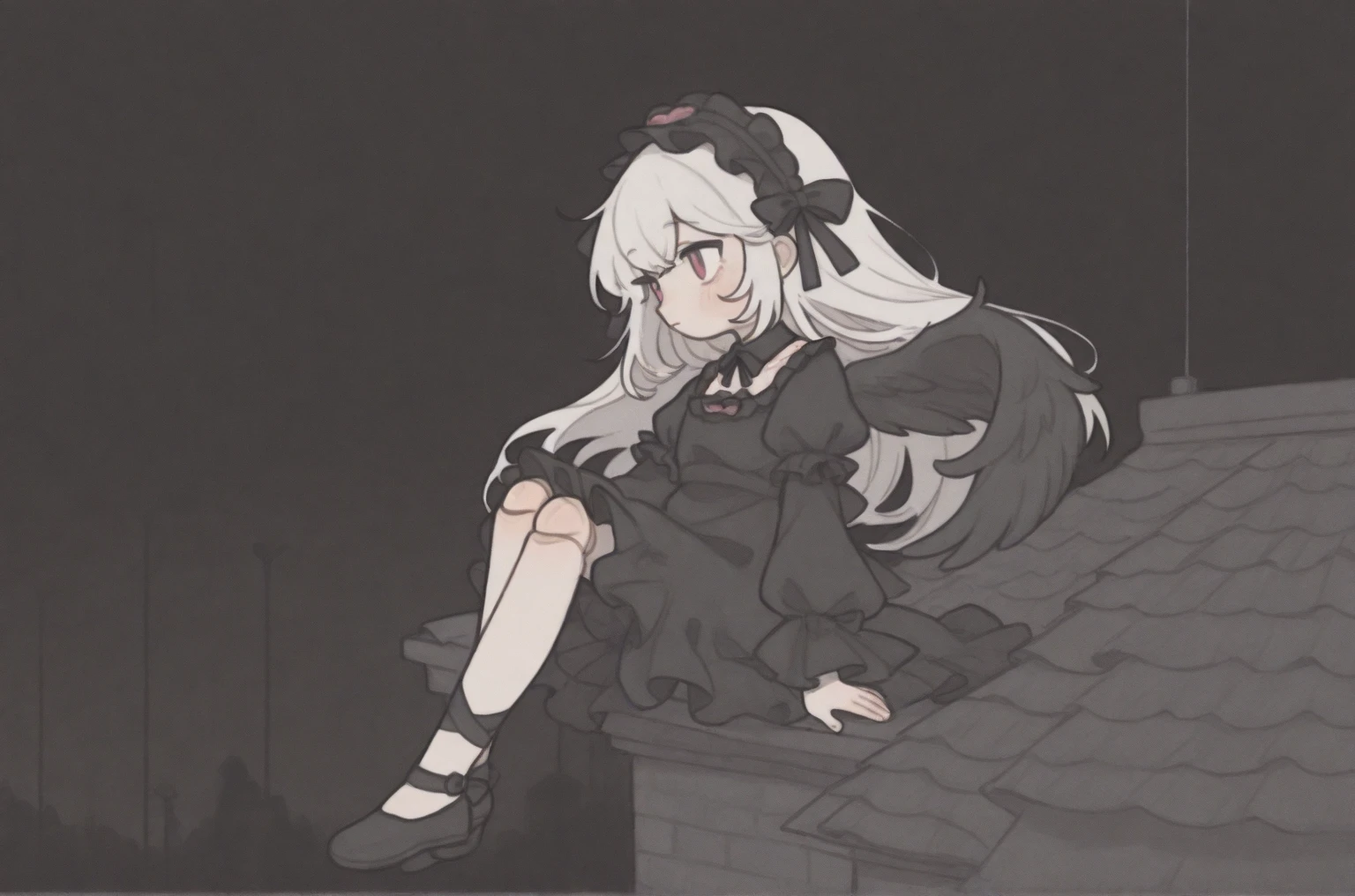 solo,1girl\(suigintou\(rosen maiden\),doll,small, (suigint0u:1.2), doll joints, white hair, long hair,black hairband, black wings,frills, black dress, detached collar, black ribbon, long sleeves, frilled sleeves, puffy sleeves,cute,full body,from side,lonely\).sitting at the roof.midnight,dark night. cityscape, landscape. anthro. BREAK .quality\(8k,wallpaper of extremely detailed CG unit, high resolution, top-quality, top-quality real texture skin, hyper realistic, increase the resolution, RAW photos, best quality, highly detailed, the wallpaper, golden ratio, high saturation realism, vibrant colors, dramatic lighting, persuasive storytelling, atmospheric scenery, captivating visuals, intricate details, strong emotions, dreamlike world\).dynamic angle