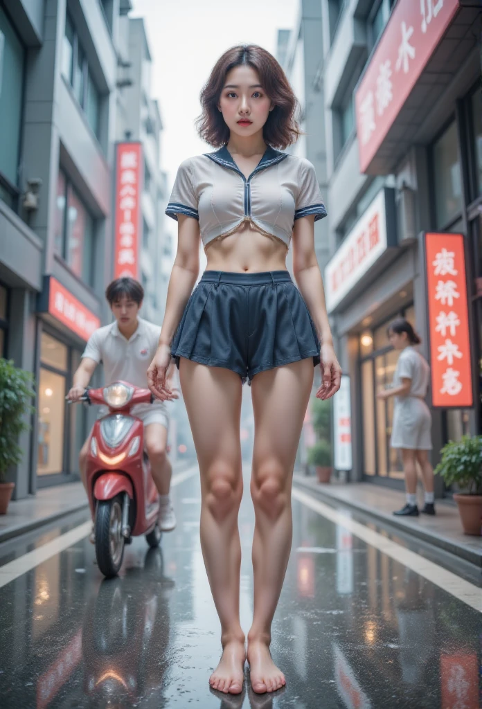  beautiful Japanese girl  ,   cowboys shoot :1.331,  Raise your arms,  Show me your armpits,  front view:1.331, ( best quality:1.4),   32k high resolution UHD   , (masterpiece:1.2),   Extremely detailed real photo  , ( actual , 超 actual :1.4),  Beautiful Japanese Woman  ,   Famous beautiful Japanese idol   ,   detailed facial under panties,   Beautiful Face ,   Symmetrical Eyes ,   Very pretty eyes  ,  Jessica Beale , Perfect composition, Proper location,  golden ratio for layout beautification,  rain at dusk  ,   heavy rain pouring down outside   ,  guerrilla torrential rain , Typhoon  ,   ,   Weak light through clouds  ,  Courier delivering on city street ,   Anatomically correct proportions   :1.331,  Small head :1.331,  slender body :1.331,  Thin waist:1.331, Slender limbs:1.331,   flat chest :1.331,   Japanese High School Sailor Dress   :1.21, Short-sleeved clothes,  White Short Sleeve Sailor Costume  :1.21, Seraphim:1.21,   navy miniskirt  , barefoot,   I can see her belly button   ,   brown hair,  Wavy Hair  :1.21,   Beautiful hair fluttering in the wind {x}  ,