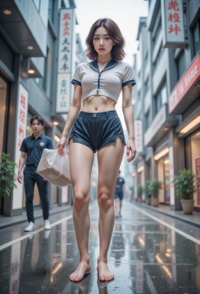  beautiful Japanese girl  ,   cowboys shoot :1.331,  Raise your arms,  Show me your armpits,  front view:1.331, ( best quality:1.4),   32k high resolution UHD   , (masterpiece:1.2),   Extremely detailed real photo  , ( actual , 超 actual :1.4),  Beautiful Japanese Woman  ,   Famous beautiful Japanese idol   ,   detailed facial under panties,   Beautiful Face ,   Symmetrical Eyes ,   Very pretty eyes  ,  Jessica Beale , Perfect composition, Proper location,  golden ratio for layout beautification,  rain at dusk  ,   heavy rain pouring down outside   ,  guerrilla torrential rain , Typhoon  ,   ,   Weak light through clouds  ,  Courier delivering on city street ,   Anatomically correct proportions   :1.331,  Small head :1.331,  slender body :1.331,  Thin waist:1.331, Slender limbs:1.331,   flat chest :1.331,   Japanese High School Sailor Dress   :1.21, Short-sleeved clothes,  White Short Sleeve Sailor Costume  :1.21, Seraphim:1.21,   navy miniskirt  , barefoot,   I can see her belly button   ,   brown hair,  Wavy Hair  :1.21,   Beautiful hair fluttering in the wind {x}  ,