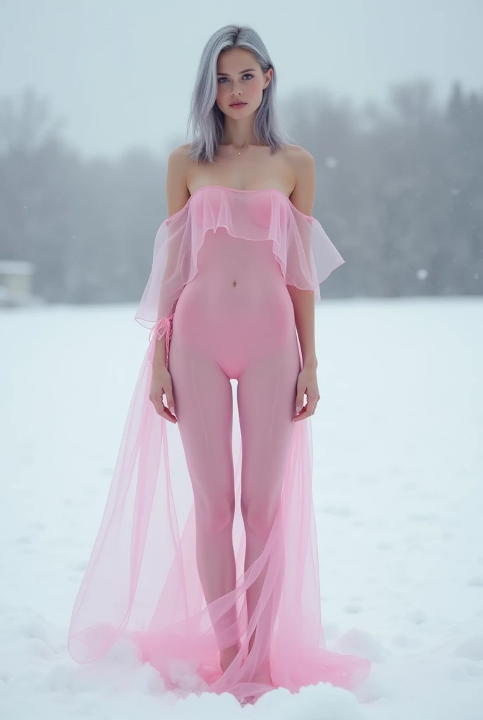 ((high resolution)), adolescente, ((11 ans)), athletic, defined muscles, ((pale skin)), taches de rousseur, adolescente, aux yeux bleus, wavy pixie haircut, ((cheveux tres long)), souriante, ((average tits exposed)), ((cheveux rose)), dans une robe transparente, the sun shines behind her on the snow
