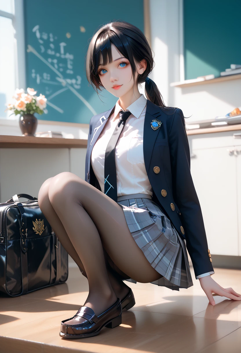 、masterpiece,  best quality,  High Resolution , Prince-like girl 、Black Hair、Blue Eyes、High school girl、 ponytail on background、Dress shirt、Long sleeve、Black tie、Grey pleated skirt、 Tartan Check Pleated Skirt、Black Pantyhose、 Black Loafers 